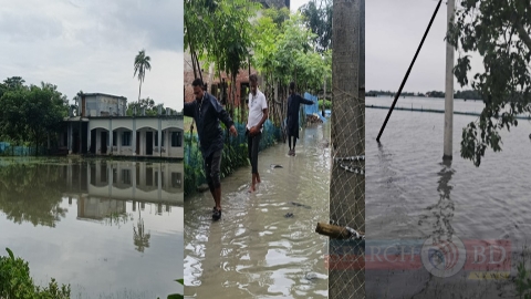 বাগেরহাট  টানা ভারী বর্ষণে  পানিবন্দি হাজারো  পরিবার, তলিয়ে গেছে চিংড়ি ঘের ও পুকুর ।